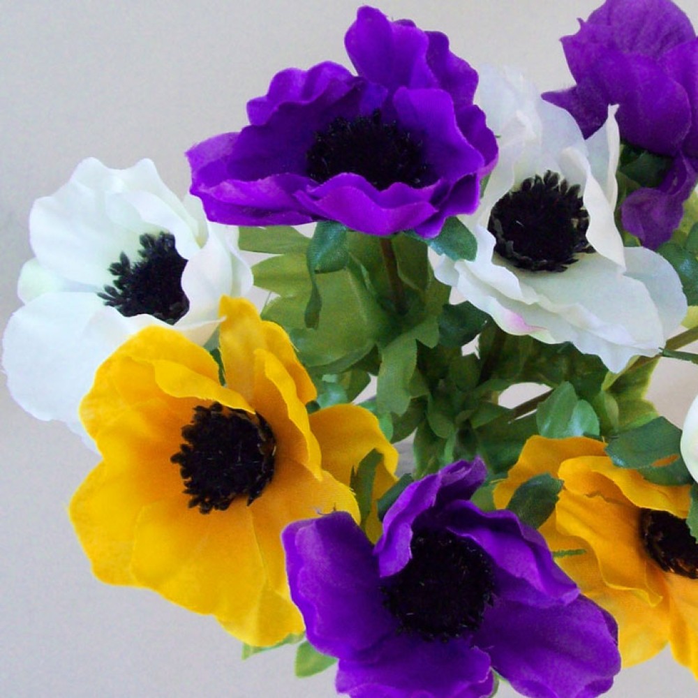 Silk Anemones Posy Purple Yellow and White 29cm Artificial Flowers